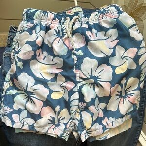 Blue and Pink Floral Swim Trunks with Elastic Waistband